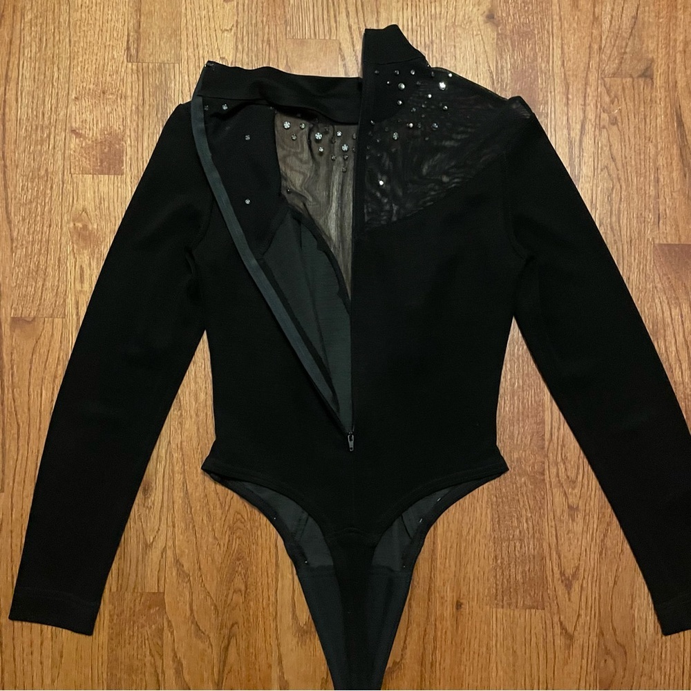 Tadashi Black Long Sleeve Rhinestone Embellished Mesh Thong Bodysuit size M - Picture 8 of 14